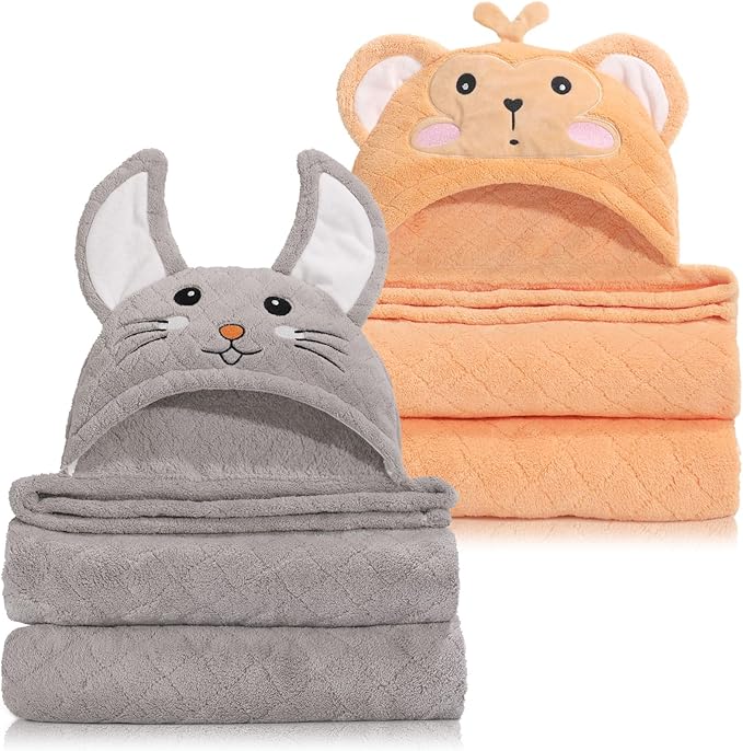 Hooded Towels for Kids, Toddler Bath Towel with Hood 0-5, 2 Pcs Baby Bath Towels, Ultra Absorbent Soft Newborn Bath Essential Gifts, Large Size 50 x 32 Inch for Boys & Girls, Orange & Grey