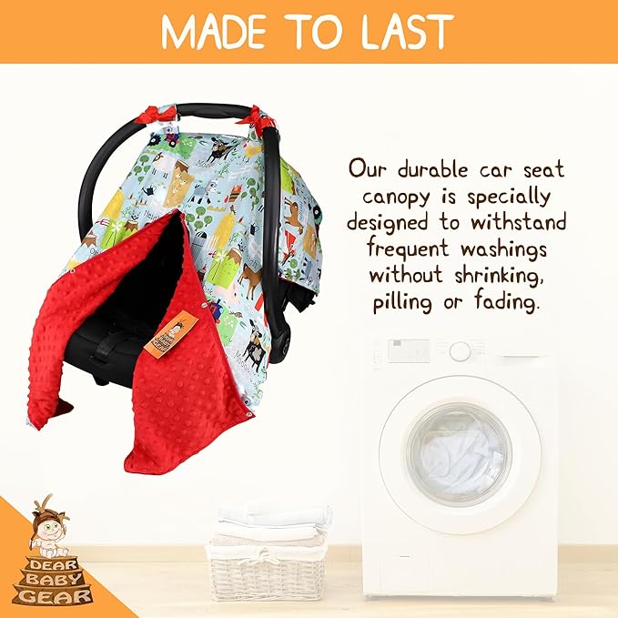 Dear Baby Gear Carseat Canopy with Snap Opening for Girls & Boys - Infant Car Chair Canopies - Nursing Covers -37"x29" (Farm Life Animals and Tractor, Red)