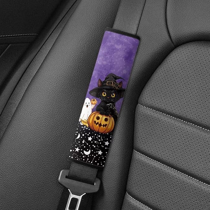 Biyejit Black Cat Pumpkins Car Seat Strap Covers for Kids Baby, Halloween Decor Anti-Slip Soft Car Seat Strap for All Car Seats, Stroller, Pushcar, Backpack Shoulder Pads