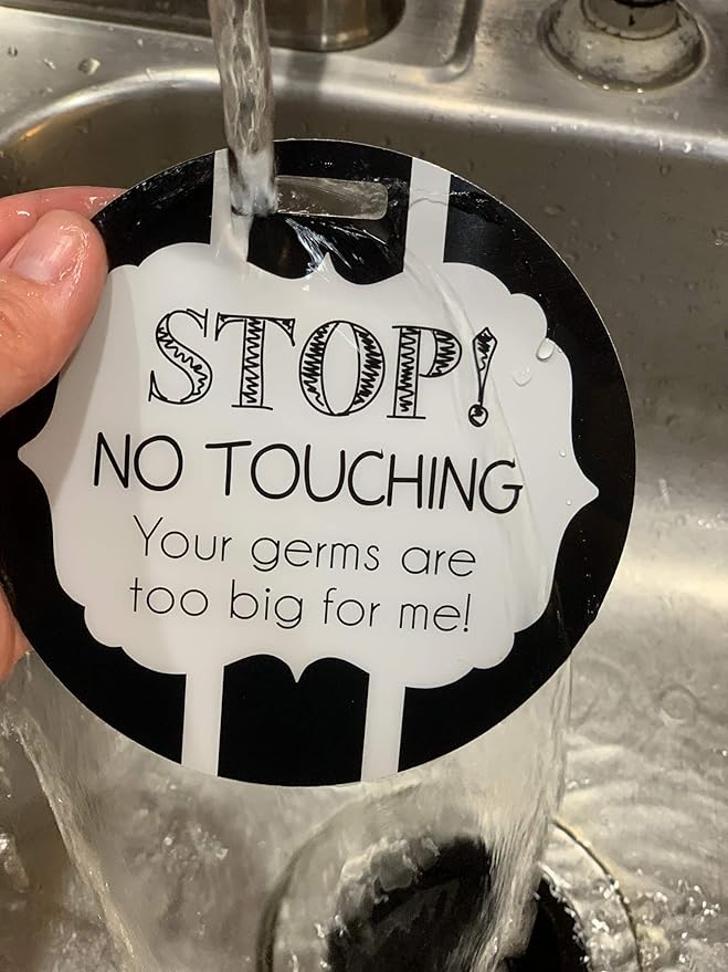 (Three Little Tots) No Touching Baby Car Seat and Stroller Two Pack- Baby Safety No Touching Car Seat Sign, Stroller Sign, Newborn Car Seat Tag- CPSIA Safety Tested (Eucalyptus/Black & White)