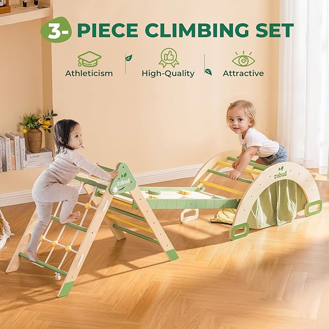 ROBUD 7 in 1 Pikler Triangle Set, Foldable Wooden Climbing Toys for Toddlers, Montessori Foldable Climbing Set with Rope Net, Ramp and Arch Climber for Girls & Boys