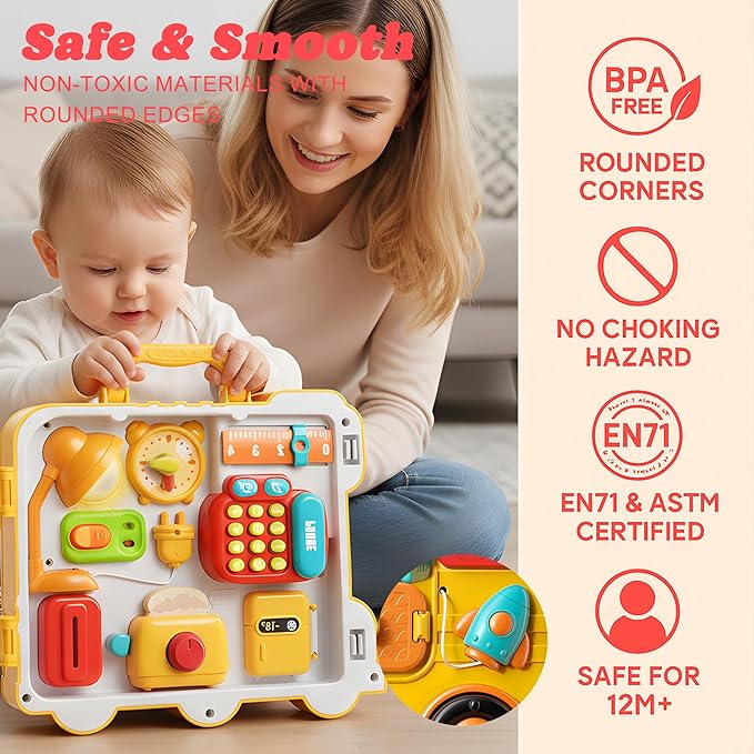 Busy Board for Toddlers 1-3, Montessori Travel Activity Toys with Music, Portable Toddler Activity Board to Develop Fine Motor Skills, Educational Toys for 1 Year Old Boys Girls