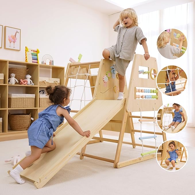 Avenlur Cherry 5-in-1 Wooden Indoor Climber – Montessori Toddler Play Gym with Slide, Rock Wall, Rope Ladder, Sensory Panel & Swing – Indoor Playground for Kids Ages 18 Months to 5 Years