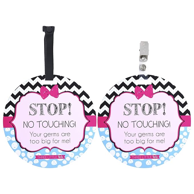 Three Little Tots Two Pack - Pink Zig Zag Stop No Touching Baby Car Seat and Stroller Signs - CPSIA Safety Tested