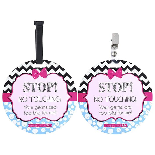 Three Little Tots Two Pack - Pink Zig Zag Stop No Touching Baby Car Seat and Stroller Signs - CPSIA Safety Tested