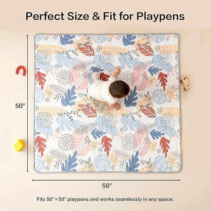 50"x50" Baby Play Mat, Premium Thicker Foam Floor Mat, Bohemian Non-Slip Playpen Mat for Infants & Toddlers, Foldable Machine Washable Crawling Mat