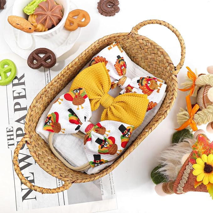 YanJie Thanksgiving Baby Headbands Turkey Printed Hair Bows for Girls Baby Hairbands Toddler Accessories Gift for Girls Infants Child Turmeric Bows