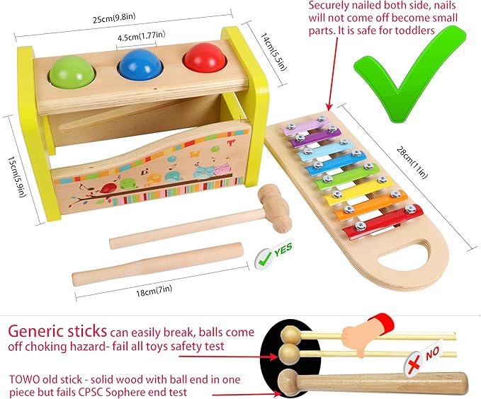TOWO Wooden Hammer Ball and Xylophone Set - Mallet and Pegs Pound a Ball Tap Bench- Toys for Babies 1 Year Old Baby Boy Girl Toddler Gift - Small Motor Skill Sensory Musical Activity Toys for Kids