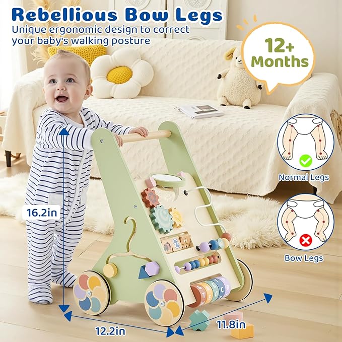 Wooden Baby Walker with Activity Center, Baby Push Walker for 1 Year Old Boys & Girls, Montessori Learning Walking Toy with Wheels, Toddler Push Toy with Storage Box 12 Months+