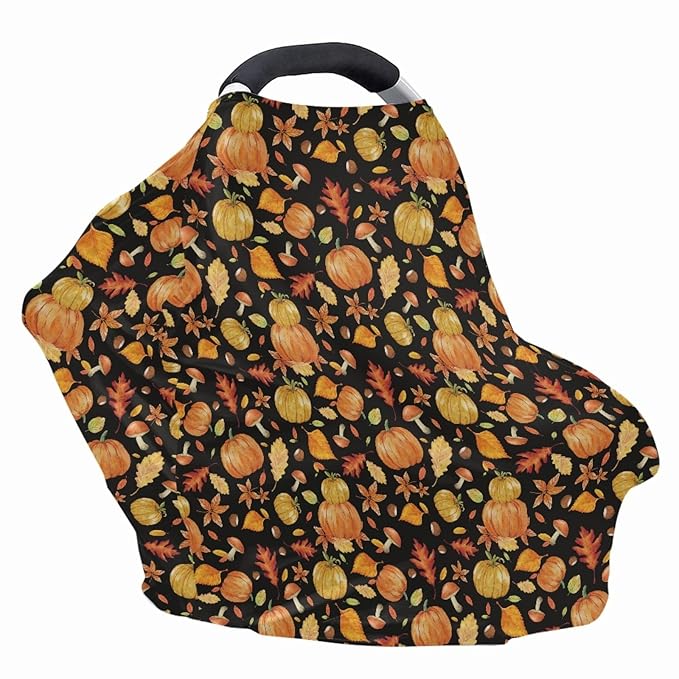 Coldinair Brown Pumpkin Breastfeeding Nursing Cover for Mom Women Soft Privacy Nursing Carseat Canopy Cover Breathable Full Coverage Breast Feeding Infant Wrap Covers Fall Maple Leaf and Mushroom