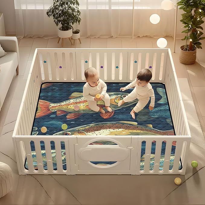 Trout Fish Watercolor Baby Playmat Washable Playroom Crawling Mat Non-Slip Play Mats for Floor 50x50 Mat