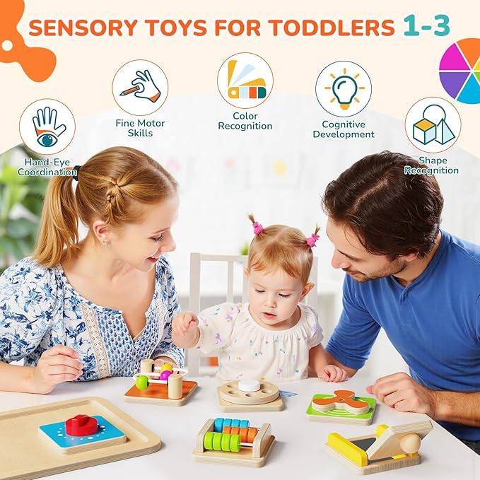 Montessori Busy Board for Toddlers 1-3, 6-in-1 Sensory Activity Cube, Fine Motor Skills Learning Toy with Bead Maze, Gears & Spinner, Quiet Travel Toy for 1 Year Old Boy and Girl Gifts