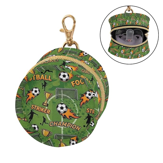 Football Soccer Ball Green Print Pacifier Holder Case for Diaper Bag Portable Travel Pacifier Storage Case with Clip Newborn Baby Pouch for Baby Boys Girls Purse Outdoor