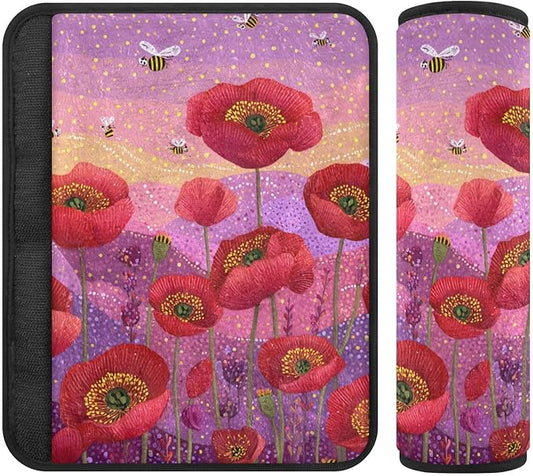 2 Pack Seatbelt Covers Seat Belt Cover Pad for Adults Boys Girls Car Seat Strap Covers Pads Cushion Universal Shoulder Strap Pad Protector for Backpack Camera Bag 6.5 Inch Poppy Flowers and Bees