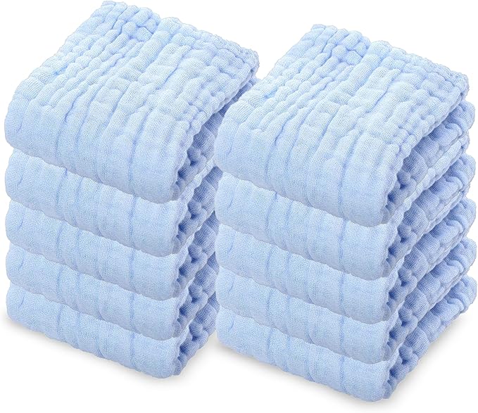 10 Pack Soft Muslin Unisex Baby Washcloths for Daily Use, 100% Cotton Set for Delicate Skin. Soft and Super Absorbent, Newborn Baby Essentials and Baby Registry,12x12 Inches (Blue)