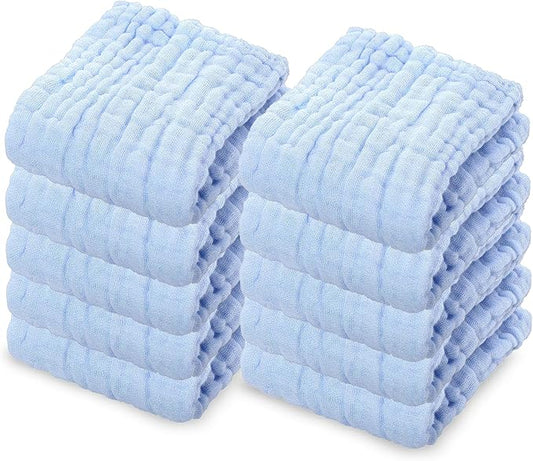 10 Pack Soft Muslin Unisex Baby Washcloths for Daily Use, 100% Cotton Set for Delicate Skin. Soft and Super Absorbent, Newborn Baby Essentials and Baby Registry,12x12 Inches (Blue)
