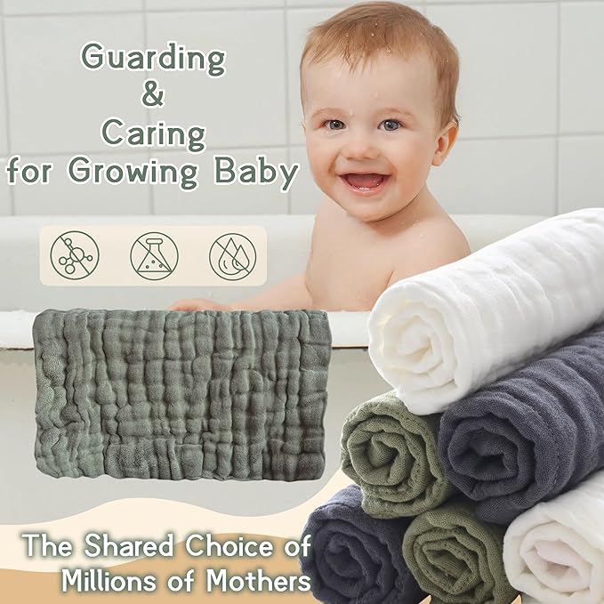 MUKIN Baby Washcloths, Muslin Cotton Face Cloths, Newborn Soft Absorbent Bath Wipes, Burp Cloths or Towels, Pack of 6, 12x12 inches (White,Dark Gray,Tea Green)