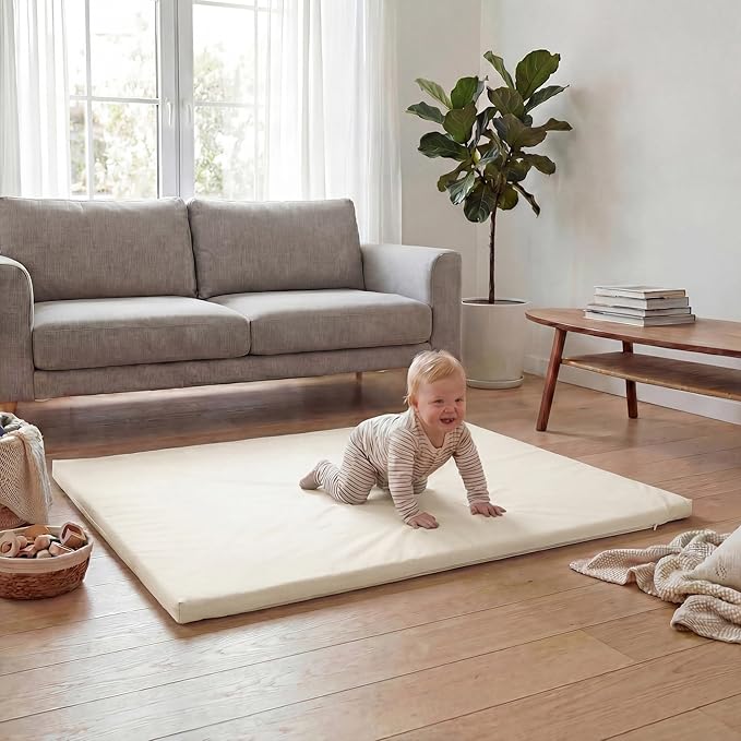 Huloo Sleep Baby Play Mat 50x50 Inches,1.3" Thick Padded Waterproof Floor Cushion & Playpen Mat with Vegan Leather,Non-Slip & Non-Toxic Nursery Rug for Infants, Toddlers & Kids(Cream)
