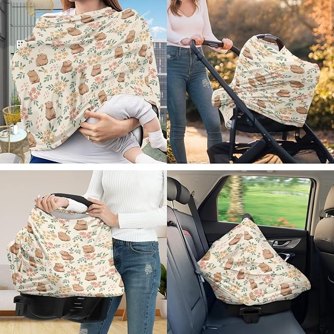 Capybara Flower Baby Car Seat Cover + U Shaped Pillow Case Cover Infant Carseat Canopy Stretchy Multi-use Nursing Covers for Stroller/High Chair/Shopping Cart/Canopies