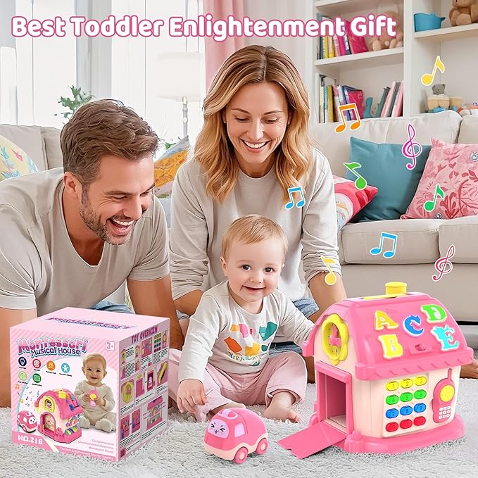Toddler Toys for 1 Year Old Girl Gifts, 12-in-1 Montessori Musical House Toddler Learning Toys for 1-2, 1st First Birthday Gifts Baby Girl Boy Gift Toys 6-12 12-18 Months, Pink