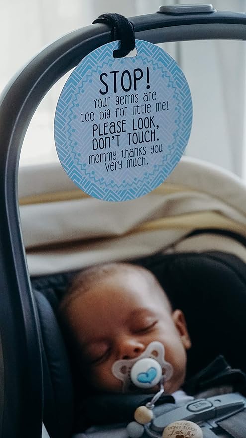 Three Little Tots Two Pack - No Kissing and Blue Mommy No Touching Baby Car Seat and Stroller Signs - CPSIA Safety Tested