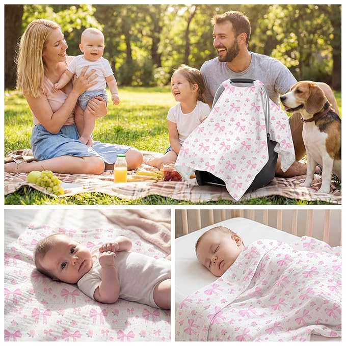 Car Seat Cover Baby, 100% Muslin Cotton Infant Car Seat Canopy, Universal Baby Car Seat Cover, Breathable Nursing Cover Canopy Shower Gift Pink Bow