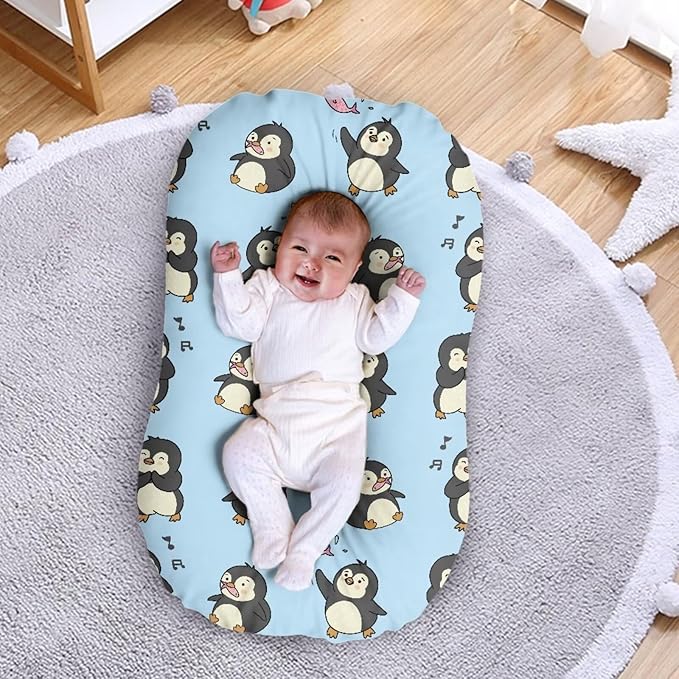 Penguin Kawaii Baby Nest Newborn Lounger 0-24 Months Sleeping Pillow Stretch Fitted Floral Soft Breathable for Boys Girls Blue