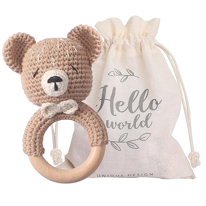 WOODEN TEETHER Baby Rattle, Shaker Toy,Crochet Baby Rattle, Crochet Baby Toys, Organic Wooden Newborn Toys, Newborn Animal Rattle Toys，Knitted Stuffed Animals Gifts for Baby, Kahki Bear