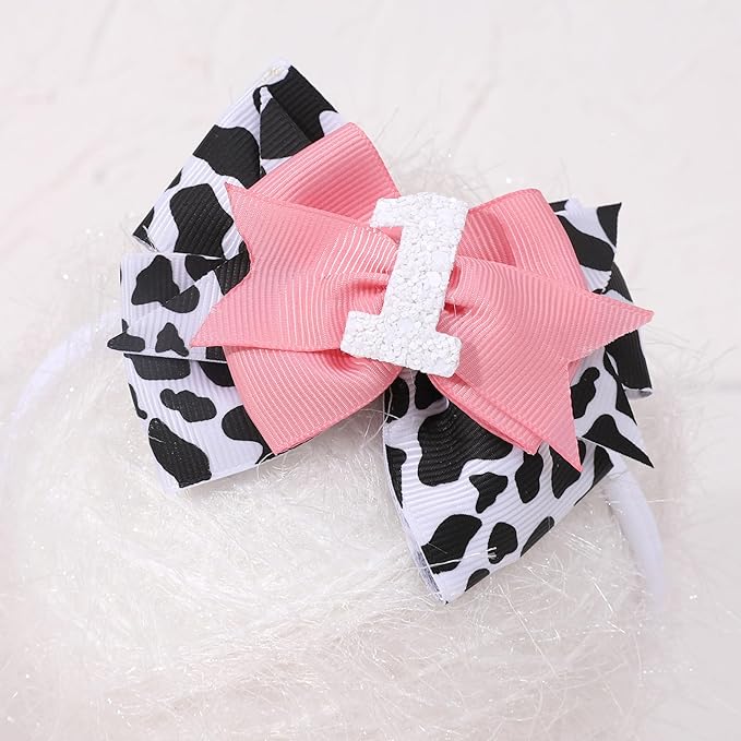 Cow Print Bow Headband for Girls - Pink, 1st Birthday Party Decorations, Farm Animal Themed Party Decor, One Headband Photo Prop (Cow1)