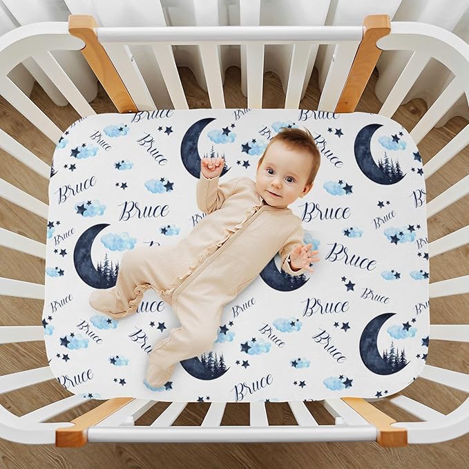 Personalized Pack and Play Sheets with Name, Custom Moon Forest Baby Mini Crib Sheets for Baby Boys Girls, Name Pack n Play, Fitted Sheet with Name, Soft and Breathable Material, 39x27x5 Inch