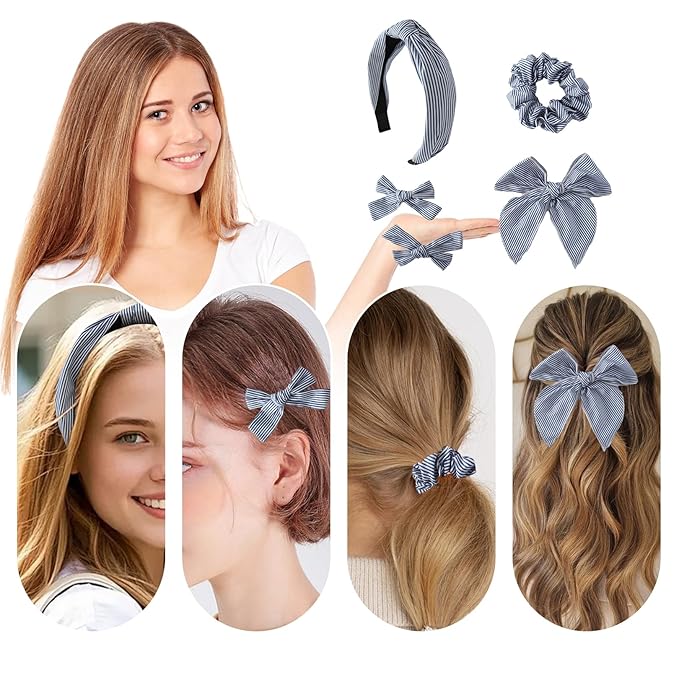 5 Pcs Striped Hair Bows School Uniform Knotted Striped Headband Scrunchies Hair Bow Set Alligator Clips for Toddler Girls Accessories for Little School Girls (Navy Blue)