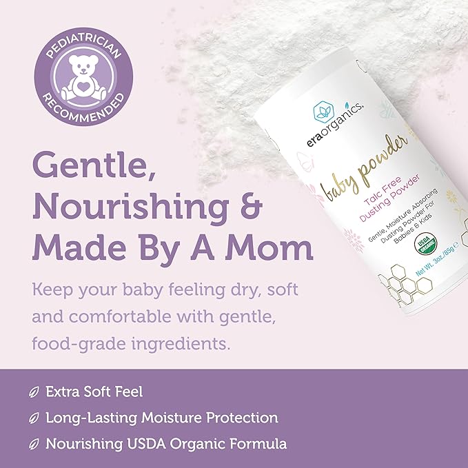 Era Organics Talc-Free Organic Baby Powder - USDA Organic Dusting Powder with Arrowroot, Calendula and Cornstarch for Newborns, Babies or Toddlers - Soothing, Fragrance Free (3oz/85g) - 2 Pack