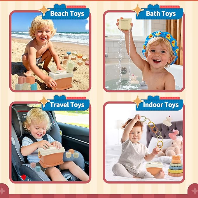 BYFWH Shape Sorter for Toddler 1-3, 5 in 1 Montessori Baby Toys for Infants 6-48 Months, Sorting & Stacking Toy for Fine Motor Skills, Sensory Learning Set with Rings Link, Birthday Gift