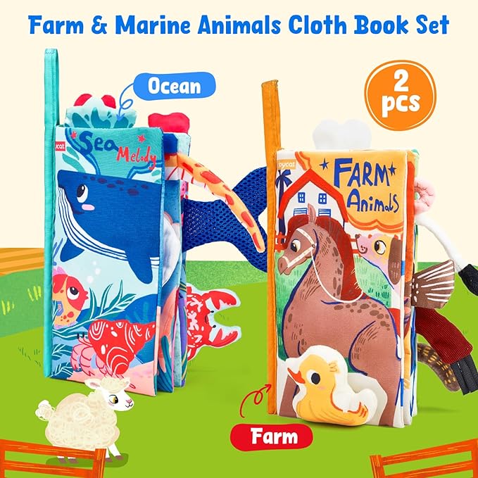 JoyCat 2-Pack Baby Cloth Books 0-6-12 Months - Farm & Ocean Infant Sensory Toys - Tummy Time Mirror & Montessori Developmental Learning -Easter Basket Stuffers Gift Set Girl Boy