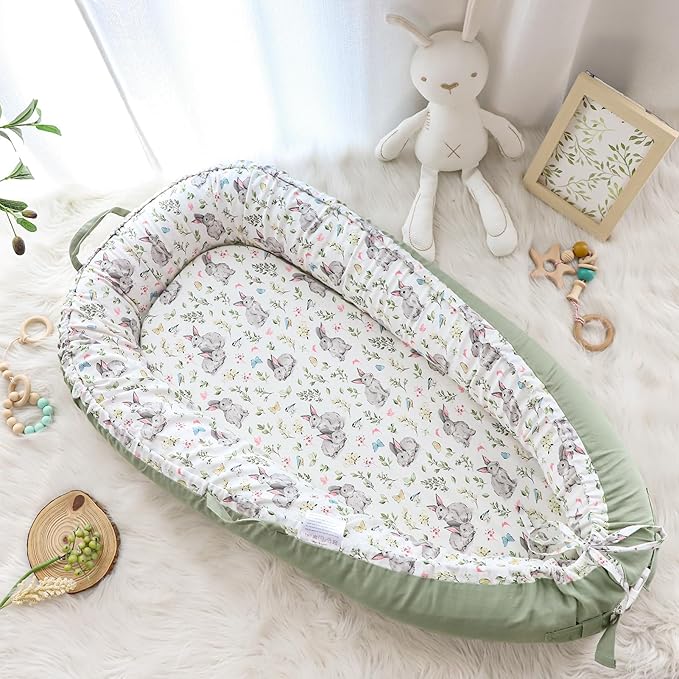 Baby Lounger Cover for Boys Girls, Reversible Baby Nest Cover, Adjustable Baby Lounger Replaceable Cover for Infant Newborn, Portable and Machine Washable, Cotton Green Rabbit Cover