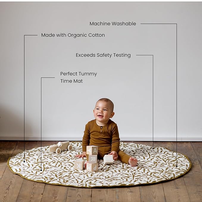 Toddlekind 100% Organic Cotton 48" Reversible Quilted Luxe Play Mat for Babies/Toddlers, Multifunctional, Sand Castle (Ochre/Gold)