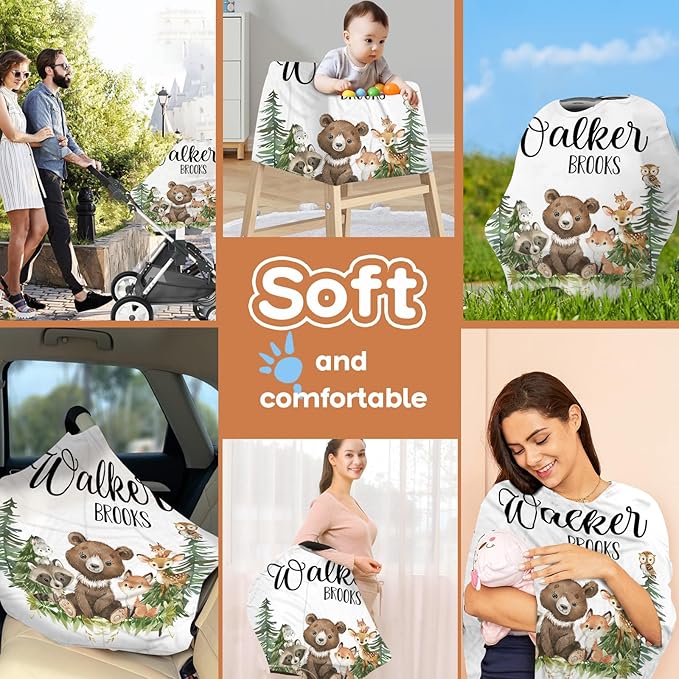 Personalized Baby Car Seat Cover Stroller Canopy: Custom Name Newborn Baby Boy Girl Elastic Woodland Animals Nursing Cover for Moms First Birthday Gift Bear Fox(one Size)