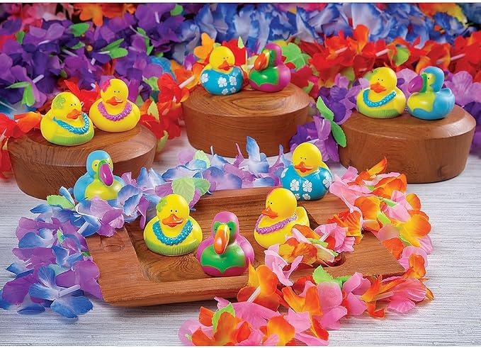 Beach Rubber Duckies - Set of 12 Fun Hawaiian Rubber Ducks for Car Decor and Tiki and Luau Party Favors