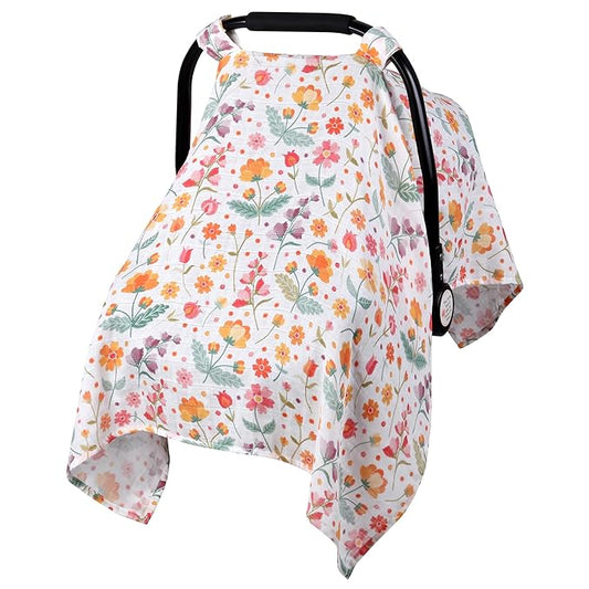 Metplus Car Seat Cover Baby Girl, 100% Muslin Cotton Infant Carseat Covers, Lightweight Breathable Car Seat Canopy, Summer Stroller Sun Shade, Newborn Travel Essentials (Colorful Flower)