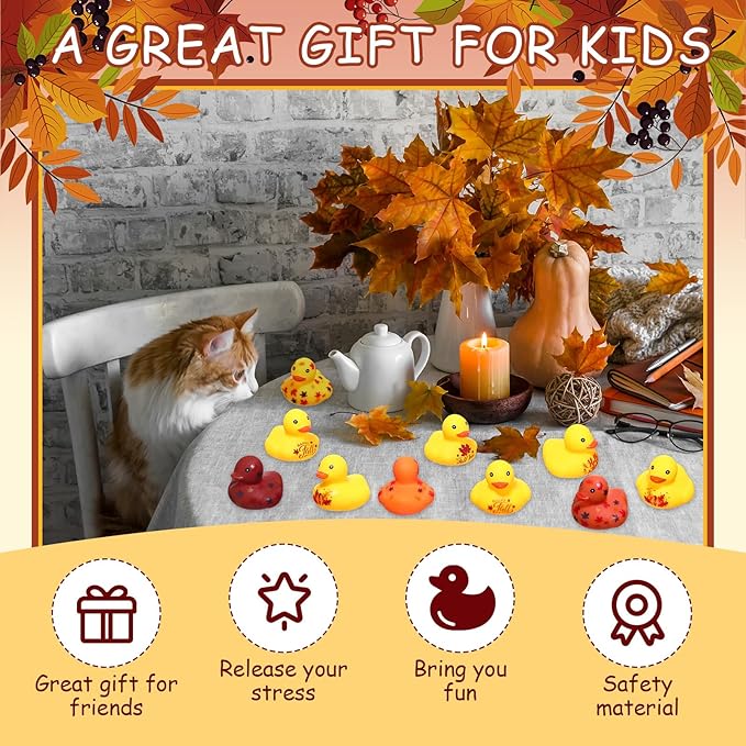 Hiboom 100 Pcs Thanksgiving Rubber Ducks 1.57 Inch Fall Rubber Duck with Leaf Pumpkin Printed Fall Themed Bathtub Toys Gifts Table Decor Thanksgiving Party Favor (Vibrant)