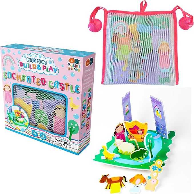 Buddy & Barney: Bath Time: Build & Play - Enchanted Castle - Floating 3D Foam Stickers, Interactive Scene, Suction Cup Mesh Bag, Water Toy, Kids 3+