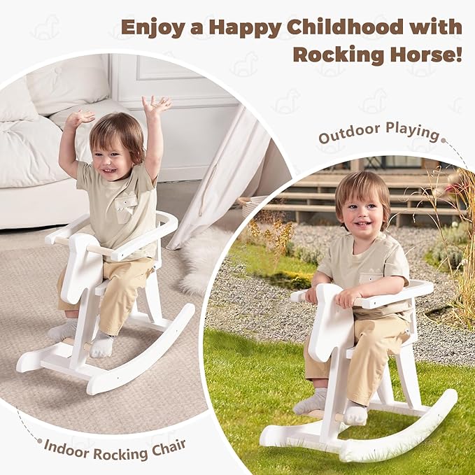 labebe - Wooden Rocking Horse, Baby Wooden Ride On Toys for 12M+, White Rocker Toy with Removable Fence, Toddler Riding Toy Indoor/Outdoor, Nursery Birthday Gift