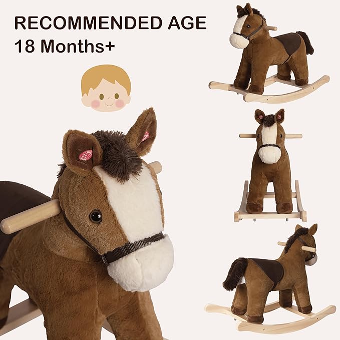 Rock My Baby Rocking Horse, Dark Brown Horse Rocker for Toddlers 18M+, Plush Ride on Horse Toy with Realistic Sound,Soft Stuffed Filling, CPC Certified