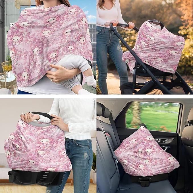 Cherry Axolotl Baby Car Seat Cover with Pillowcase 2 Pack Set Stretchy 5-in-1 Covers Adjustable Infant Carseat Canopy Covers Breathable Nursing Cover-Up Pillow Cover