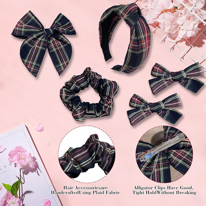 5 Pcs Plaid Headband Set with Hair Knotted Scrunchies Bow, Padded Headbands for Women, Christmas Hair Bows & Clips Accessories for Girls (Black)