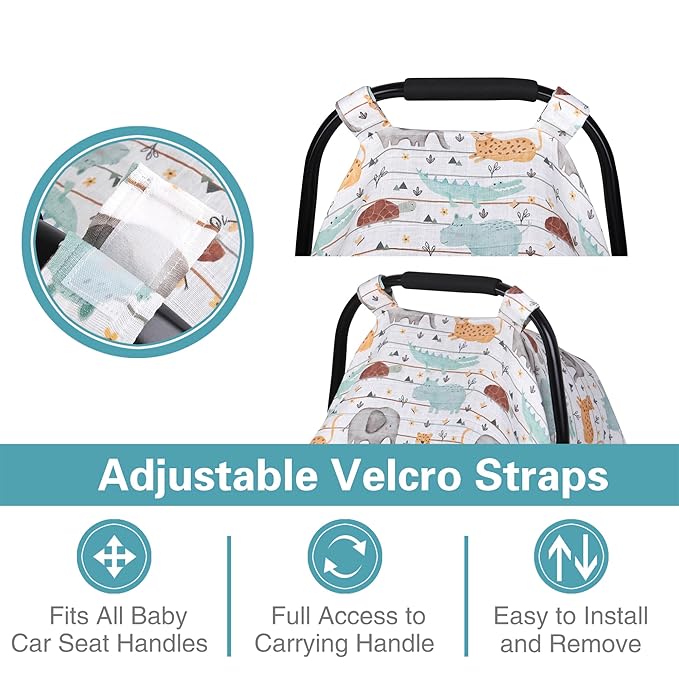 Metplus Car Seat Cover Baby boy, 100% Muslin Cotton Infant Carseat Covers, Lightweight Breathable Car Seat Canopy, Summer Stroller Sun Shade, Newborn Travel Essentials(Animal Party)