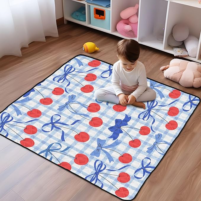 Baby Play Mat Checkered Cherries Bows Blue 50 x 50 Playpen Mat Baby Play Mats for Floor Play Gym Crawling Mat Non-Slip Cushioned Baby Playmat for Infants, Babies, Toddlers