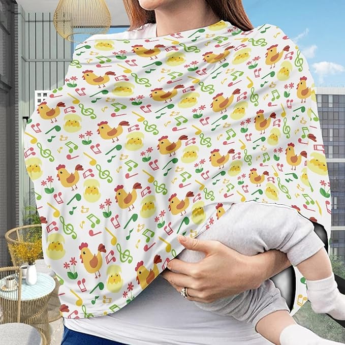Coldinair Chicken Music Print Car Seat Cover for Babies Boys Girls,Soft Breastfeeding Scarf Nursing Cover,Multi-use Covers for Infant Carseat Canopy/Shopping Cart/High Chair/Stroller Covers