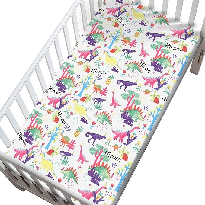 Personalized Dinosaur Mini Crib Fitted Sheet for Baby Boys, Custom Pack and Play Sheets with Name, Customized Name Multiuse Sheets for Pack & Play, Playard, Playpen, Mini Crib Mattress