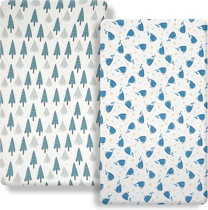 Pack n Play Fitted Sheet. 2 Piece Mini Crib Sheet. Elastic Playard Sheet. Portable Sheet Set. Elastic Convertible Playard Set. Compatible with Graco Pack n Play. (Bubble Whale and Forest)